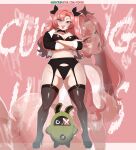  1girl alternate_costume amillion_(zenless_zone_zero) artist_name bangboo_(zenless_zone_zero) black_choker black_garter_belt black_garter_straps black_panties black_ribbon black_shoes black_thighhighs breasts choker crossed_arms garter_belt garter_straps green_eyes hair_ribbon high_heels highres kokoe_(pyuncho) large_breasts long_hair looking_at_viewer multiple_views nicole_demara open_mouth panties pink_eyes pink_hair ribbon see-through_clothes see-through_thighhighs shoes sound_effects subscribestar_username thighhighs twintails underwear web_address zenless_zone_zero 