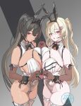  1977_oj3 2girls :o absurdres ahoge animal_ear_hairband animal_ears artist_logo asymmetrical_docking bare_shoulders bay_(nikke) bay_(nikke)_(cosplay) bay_(radiant_rabbit)_(nikke) black_bow black_bowtie black_choker black_hair black_wrist_cuffs blonde_hair bow bowtie breast_curtains breast_press breasts choker clay_(nikke) cleavage cosplay covered_navel dark-skinned_female dark_skin detached_sleeves fake_animal_ears goddess_of_victory:_nikke grey_eyes hair_between_eyes hair_intakes hair_ornament hairband hairclip heart heart_hands heart_hands_duo heart_in_heart_hands highleg highleg_leotard highres huge_breasts large_breasts leotard lock logo long_hair looking_at_viewer mole mole_on_stomach mole_under_eye mole_under_mouth multicolored_hair multiple_girls official_alternate_costume parted_lips playboy_bunny ponytail rabbit_ear_hairband rabbit_ears red_eyes red_hair side-tie_leotard star_(symbol) star_sticker sticker sticker_on_face streaked_hair thighhighs thighs two-tone_hair two_side_up very_long_hair wrist_cuffs 
