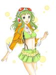  asaki_(bluemoonstone) breasts colorized goggles goggles_on_head green_eyes green_hair gumi jacket long_hair medium_breasts megpoid_(vocaloid3) midriff navel open_mouth skirt solo underboob vocaloid 