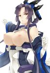  bodysuit breasts brown_eyes gloves hair_bun hair_ornament kazuno_(horizon) kyoukaisenjou_no_horizon large_breasts long_hair looking_at_viewer md5_mismatch nipples open_clothes open_mouth prime purple_hair simple_background solo white_background white_gloves 