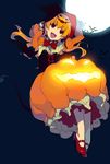  :d bat bat_wings bow bubble_skirt copyright_request demon_tail dress full_moon hat jack-o'-lantern kagetomo_midori looking_at_viewer moon night night_sky open_mouth orange_dress orange_hair pointy_ears pumpkin pumpkin_skirt red_bow red_eyes red_footwear skirt sky smile solo tail wings witch_hat 