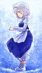  blue_eyes breasts dress full_body harusame_(unmei_no_ikasumi) hat lavender_hair letty_whiterock medium_breasts short_hair smile snow solo standing touhou 