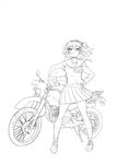  ahoge amano_onsa bakuon!! curly_hair greyscale ground_vehicle helmet highres lineart monochrome motor_vehicle motorcycle orimoto_mimana school_uniform short_hair simple_background solo 