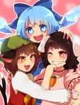  animal_ears black_hair blue_eyes blue_hair blush brown_hair bunny_ears cat_ears cat_tail chen cirno friends grin group_hug happy hat hug ice ice_wings inaba_tewi lgw7 multiple_girls one_eye_closed open_mouth pink_eyes red_eyes short_hair smile tail team_9 teeth touhou wings yellow_eyes 