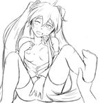  breasts greyscale hatsune_miku kit_(studio) lineart long_hair masturbation monochrome small_breasts solo twintails very_long_hair vocaloid wince 