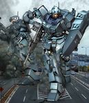  beam_machinegun bus car city damaged ground_vehicle gun gundam gundam_unicorn hiropon_(tasogare_no_puu) jesta mecha missile motor_vehicle no_humans photo_background road shield smoke street war weapon 