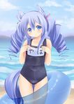  animal_ears beach blue_eyes blue_hair blush bow dog_ears dog_tail drill_hair fictional_persona flat_chest hair_bow highres innertube long_hair nigo_(aozoragarou) nigou_(aozoragarou) ocean one-piece_swimsuit original school_swimsuit self-portrait smile swimsuit tail thigh_gap thighs twin_drills twintails 