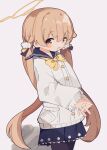  1girl blue_archive blush brown_hair hair_between_eyes hair_ornament halo hifumi_(blue_archive) highres long_hair long_sleeves looking_at_viewer low_twintails open_mouth sailor_collar school_uniform simple_background skirt smile solo twintails user_wyxr8822 yellow_eyes yellow_halo 