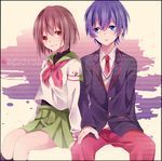  1girl bad_id bad_pixiv_id blue_eyes blue_hair brown_eyes brown_hair kouko mawaru_penguindrum oginome_ringo school_uniform serafuku short_hair smile takakura_shouma 