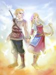  1boy 1girl belt blonde_hair blue_eyes bracelet commentary_request earrings highres holding_hands instrument interlocked_fingers jewelry link long_hair lyre photoshop_(medium) pointy_ears princess_zelda shirokichi sky smile sword the_legend_of_zelda the_legend_of_zelda:_skyward_sword weapon 