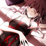  arisaka_ako armpits bad_id bad_pixiv_id bare_shoulders bed black_dress blush dress guilty_crown hair_ornament hairclip long_hair looking_at_viewer low_twintails lowres lying on_back pillow pink_hair red_eyes sleeveless solo twintails yuzuriha_inori 