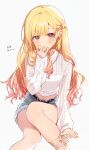 1girl blonde_hair colorful_festival_(project_sekai) commentary_request denim denim_shorts earrings gradient_hair highres jewelry light_blush long_hair long_sleeves midriff multicolored_hair navel official_alternate_costume official_alternate_hairstyle pink_eyes playing_with_own_hair project_sekai shirt short_shorts shorts simple_background single_earring solo tenma_saki uminokaisen white_background white_shirt 