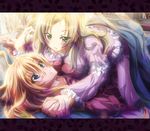  2girls bed blue_eyes blush breast_press breasts brown_hair commentary_request eyelashes frills green_eyes highres holding_hands houjou_hibiki inoshishi_(ikatomo) interlocked_fingers letterboxed long_hair lying medium_breasts minamino_kanade multiple_girls nightgown on_stomach precure suite_precure symmetrical_docking window yuri 