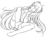  blush greyscale hatsune_miku kit_(studio) lineart long_hair monochrome solo thighhighs twintails very_long_hair vocaloid 