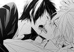  2boys black_hair blonde_hair blush duo durarara!! hand_holding heiwajima_shizuo kiss male male_focus multiple_boys orihara_izaya ryugo_(artist) tongue yaoi 