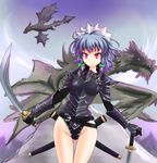  alternate_costume armor bad_id bad_pixiv_id belt black_gloves blue_hair braid dragon dual_wielding gauntlets gloves groin hair_ribbon holding izayoi_sakuya katana leotard maid_headdress paarthurnax parody red_eyes ribbon solo sumapan sword the_elder_scrolls the_elder_scrolls_v:_skyrim touhou twin_braids weapon 