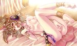  anklet barefoot blush bracelet breasts brown_eyes brown_hair earmuffs feet fingering jewelry legs legs_up lying masturbation medium_breasts motatei nipples nude off_shoulder on_back open_clothes open_shirt pussy_juice shirt solo toe_scrunch touhou toyosatomimi_no_miko trembling 