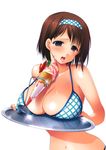  absurdres azuma_yuki bare_shoulders bikini blue_eyes breast_rest breasts breasts_on_tray brown_hair carried_breast_rest dessert dripping food hairband highres ice_cream large_breasts navel open_mouth original short_hair solo strap_gap sundae swimsuit tray upper_body waitress 