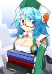  blue_eyes blue_hair blue_sky book breast_rest breasts cardfight!!_vanguard carried_breast_rest carrying cleavage cleavage_cutout cloud day glasses hat long_hair looking_at_viewer medium_breasts pillar quiet_sage_sharon reku shirt skirt sky solo 