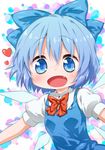  bad_id bad_pixiv_id blue_dress blue_eyes blue_hair bow cirno dress fang hair_bow heart highres jigatei_(omijin) open_mouth shirt short_hair smile solo touhou wings 