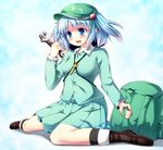  adjustable_wrench backpack bag blue_eyes blue_hair blush breasts fang hair_bobbles hair_ornament hat kawashiro_nitori key medium_breasts open_mouth pleated_skirt short_hair short_twintails sitting skirt smile solo tekehiro touhou twintails two_side_up wariza wrench 
