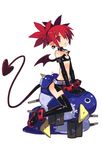  absurdres anklet bat_wings black_legwear blush boots bracelet choker demon_tail disgaea earrings elbow_gloves etna flat_chest gloves harada_takehito highres jewelry makai_senki_disgaea_2 miniskirt open_mouth pointy_ears prinny red_eyes red_hair short_twintails simple_background skirt skull straddling sweatdrop tail thigh_boots thighhighs twintails white_background wings 