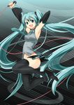  aqua_eyes aqua_hair armpits arms_up boots detached_sleeves hatsune_miku highres jumping long_hair microphone n39 necktie open_mouth skirt solo thigh_boots thighhighs twintails very_long_hair vocaloid 