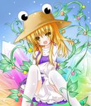  bad_id bad_pixiv_id blonde_hair covering covering_crotch crystal hat holding_arm long_hair moriya_suwako open_mouth sitting sleeves_past_wrists smile solo thighhighs touhou white_legwear yellow_eyes yuuhagi_(amaretto-no-natsu) 