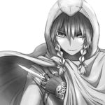  assassin's_creed_(series) blade braid cape didloaded fingerless_gloves gloves greyscale hair_ribbon hidden_blade hood izayoi_sakuya lipstick looking_at_viewer makeup monochrome parody ribbon simple_background solo touhou twin_braids vambraces weapon white_background 