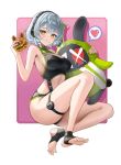  1girl absurdres alternate_costume amillion_(zenless_zone_zero) anby_demara bangboo_(zenless_zone_zero) black_one-piece_swimsuit border breasts burger clothing_cutout commentary food food_in_mouth grey_hair headphones heart highres holding holding_burger holding_food jyn_jyn large_breasts one-piece_swimsuit orange_eyes pink_background short_hair solo spoken_heart stirrup_footwear stomach_cutout swimsuit toes white_border zenless_zone_zero 