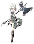  axe battle_axe blue_eyes boots commentary_request cross-laced_footwear grey_hair highres huge_weapon kotatu_(akaki01aoki00) original ringlets simple_background single_thighhigh solo thighhighs weapon 