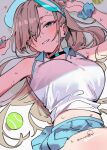  1girl am_0410 asuna_(blue_archive) ball bare_shoulders blonde_hair blue_archive blue_eyes blue_skirt blush breasts hair_over_one_eye large_breasts long_hair looking_at_viewer lying navel parted_lips ponytail scrunchie shirt skirt sleeveless sleeveless_shirt solo tennis_ball thighs very_long_hair visor_cap white_shirt wrist_scrunchie 