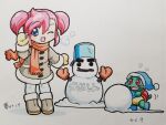 1boy 1girl blue_boots blue_eyes blue_hat blue_mittens boots breath brown_boots brown_coat bucket buttons chibikemo coat commentary copyright_name fringe_trim full_body fur-trimmed_boots fur-trimmed_coat fur_trim furry furry_male gloves hand_up hat highres kameari_shinkin_bank kokomahi looking_at_viewer mittens official_art one_eye_closed orange_gloves orange_scarf pantyhose pink_hair red_eyes santa_hat scarf short_hair simple_background snow snow_writing snowball snowman standing stick traditional_media turtle turtle_boy twintails white_background white_pantyhose winter winter_clothes yellow_mittens yumeka_(kameari_shinkin_bank) yuuki_(kameari_shinkin_bank) 