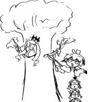  2girls absurdres baobab baobhan_sith_(fate) chibi ebora fate/grand_order fate_(series) gareth_(fate) gloves highres melusine_(fate) multiple_girls overalls scissors screaming sidelocks sketch smile tree_costume 