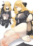  !? 1girl absurdres barefoot black_pants black_shirt black_shoes blonde_hair blush breasts cleavage commentary cynthia_(pokemon) feet foot_focus foreshortening full_body fur_trim grey_eyes hair_ornament hair_over_one_eye high_heels highres holding holding_shoes holding_unworn_clothes large_breasts long_hair long_sleeves looking_at_viewer multiple_views nekokaminari on_ground one_eye_covered pants parted_lips pokemon pokemon_dppt removing_pants shirt shoes simple_background sitting soles sweaty_foot thighs toenails toes unworn_shoes very_long_hair white_background 