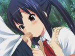  1girl animated animated_gif black_hair blush brown_eyes censored fellatio hetero k-on! kamei long_hair nakano_azusa non-web_source oral penis school_uniform sweater_vest twintails 