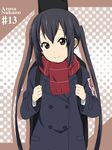  black_hair brown_eyes character_name coat double-breasted gloves guitar_case ikari_manatsu instrument_case k-on! long_hair nakano_azusa red_scarf scarf solo striped striped_scarf twintails 