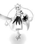  animal_ears geta greyscale inubashiri_momiji leon_(mikiri_hassha) monochrome shield solo sword tail touhou weapon wolf_ears 