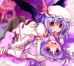  bat_wings black_legwear blue_hair blush bow breasts crescent dress flower food fruit hat long_hair looking_at_viewer multiple_girls nagii_yuki open_mouth patchouli_knowledge purple_eyes purple_hair red_eyes remilia_scarlet rose short_hair small_breasts strawberry thighhighs touhou wings 