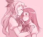  blush bow closed_eyes couple face forehead_kiss hair_bow hair_over_one_eye ikezawa_hanako katawa_shoujo kiss long_hair magical_ondine monochrome multiple_girls pink pink_background ponytail satou_lilly scar school_uniform sketch smile yuri 