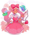  +_+ 1girl 2boys blue_skin bow brown_eyes captain_spaceboy chibi closed_eyes colored_skin double-parted_bangs dress earrings flail flower g_tsurius green_hair hair_between_eyes hair_bow hair_ornament hairclip hand_on_own_hip highres holding_flail jewelry long_hair looking_at_viewer multiple_boys omori open_mouth pink_bow pink_dress pink_eyes pink_hair pointy_ears polka_dot polka_dot_bow puffy_short_sleeves puffy_sleeves purple_skin rococo_(omori) rose short_hair short_sleeves smile sweetheart_(omori) swept_bangs twintails weapon 