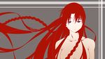  blue_eyes braid breasts character_name collarbone highres hong_meiling long_hair medium_breasts monochrome niwatazumi no_hat no_headwear nude red red_hair solo spot_color touhou twin_braids upper_body 