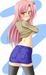  absurdres anger_vein ass black_legwear denim denim_skirt hayate_no_gotoku! highres katsura_hinagiku lask long_hair looking_back open_mouth orange_eyes pencil_skirt pink_hair skirt solo thighhighs undressing zettai_ryouiki 