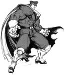  1boy belt cape clenched_teeth fighting_stance from_side full_body game_cg greyscale hat highres m._bison military_uniform monochrome muscular nishimura_kinu non-web_source official_art peaked_cap shoulder_pads solo street_fighter street_fighter_ii_(series) teeth white_background 