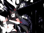 1girl ahoge animal_ear_fluff animal_ears bare_shoulders black_hair braid breasts dark_persona domain_expansion evil_eyes evil_grin evil_smile fox_ears fox_girl gloves grin hair_between_eyes highres hololive jujutsu_kaisen kurokami_fubuki long_hair malevolent_shrine_(jujutsu_kaisen) midriff multicolored_hair navel open_mouth parody red_eyes red_hair red_streaks sharp_teeth sidelocks single_braid single_glove smile solo stomach teeth upper_body usagimi_biri 