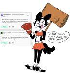 4_toes anthro black_body black_fur blue_nose bottomwear boxing_gloves chloe_(fellowthewulf) clothing cocky cocky_grin cocky_smile comments dialogue english_text fangs feet fellowthewulf female foot_wrapping foot_wrappings foot_wraps fur hammer handwear hi_res kickboxing leg_wrap leg_wraps muay_thai shorts solo speech_bubble tassels teeth text toes tongue tongue_out tools toony topwear white_body white_face white_fur wraps