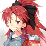  bow food grin hair_bow long_hair looking_at_viewer lowres mahou_shoujo_madoka_magica mouth_hold pocky ponytail red_eyes red_hair sakura_kyouko smile solo sooya upper_body wide_ponytail 
