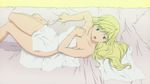  1girl bed bed_sheet blonde_hair breasts cleavage enomoto_kei green_eyes hatsukoi_limited long_hair lying open_mouth photo sheets squeezing towel 