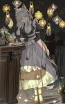  1girl absurdres alternate_costume animal_ear_fluff animal_ears apron arknights artist_name belt bird black_dress black_shoes blunt_bangs bouquet bow bowtie breasts buttons cabinet camera cat_ears cat_girl champagne_flute cheese collared_dress commentary cup dress drinking_glass elbow_rest enmaided film_reel flower flower_pot food frilled_apron frills green_eyes hanging_lantern highres juliet_sleeves kal'tsit_(arknights) kuren_kren layered_dress leaning_on_table light_bulb light_smile long_sleeves looking_at_viewer maid maid_apron maid_headdress mary_janes medium_breasts medium_hair pantyhose parted_lips photo_background pocket_watch puffy_sleeves shoes sidelocks solo symbol-only_commentary teacup tripod two-tone_dress watch white_apron white_belt white_bow white_bowtie white_dress white_flower white_hair white_headdress white_pantyhose white_sleeve_cuffs 