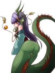  animal_ears ass bad_id bad_pixiv_id ball bare_shoulders blush breasts claws dragon dragon_ears dragon_girl dragon_tail dragon_wings from_behind fur head_fins highres horns japanese_clothes long_hair medium_breasts monster_girl monster_girl_encyclopedia purple_hair ryuu_(monster_girl_encyclopedia) scales snake_tail solo sud_(sudea) tail wings yellow_eyes 